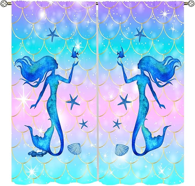 Mermaid Scale Curtains for Kids Girls Magic Gradient Mermaid Fish Scale Pattern Decoration Bedroom Nursery Curtains 72x63 Inch
