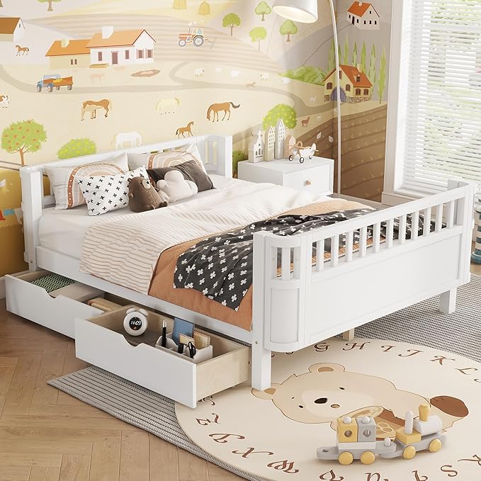 KEIKI Full Size Wooden Floor Day Bed w/Large Storage Drawers, Space Saving Corner Platform Daybed Frame, Removable Safety Rail, Montessori Kids Beds for Boys Girls Bedroom, No Box Spring Needed, White