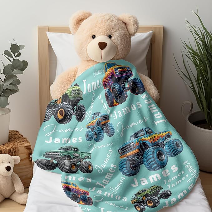 Ship Next Day, Personalized Truck Blanket - Printed in USA, Custom Name Blankets for Kids with Big Off Road Auto Vehicle Graphic, Home Bedding Decor, Fun Birthday Gift for Boys&Girls Women Man