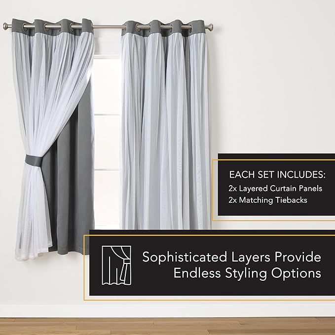 TOWN & COUNTRY LUXE Talia Double Layer Indoor Curtains, Sheer and Room Darkening Blackout, Grommet Top, Energy Efficient, 2-Pack Set, 52"x63", Black Pearl