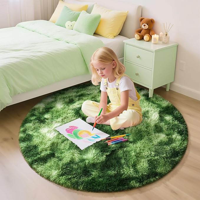 EVOIONOS Tie-Dyed Green Round Rug Bedroom, 4x4 Ft Fluffy Soft Circle Area Rugs Living Room, Plush Shaggy Circular Carpet Indoor Floor Bedside Kids Nursery, Machine-Washable Home Decor Aesthetic