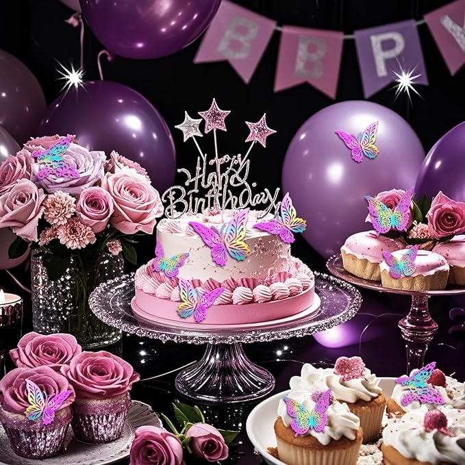 3D Butterfly Wall Decor 3 Sizes 4 Styles Butterfly Party Decorations Cake Decorations Removable Stickers Wall Decor Room Mural Metallic Kids (Laser Pink Purple, 96Pcs)