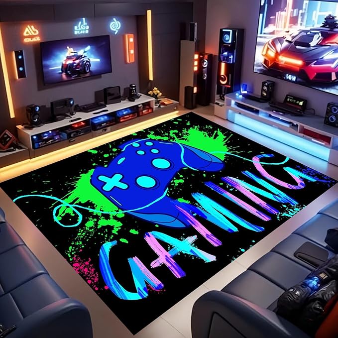 Gaming Area Rug,4x5ft,3D Painting Blue Gamepad Rug, Fade-Resistant Machine Washable Teen Boys Carpet for Game Room Living Room Gaming Mat Teen Bedroom Decor
