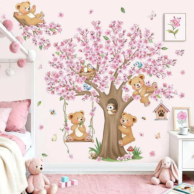decalmile Woodland Animals Large Cherry Blossom Tree Wall Stickers Pink Flower Bear Wall Decals Baby Nursery Kids Bedroom Living Room Home Decor