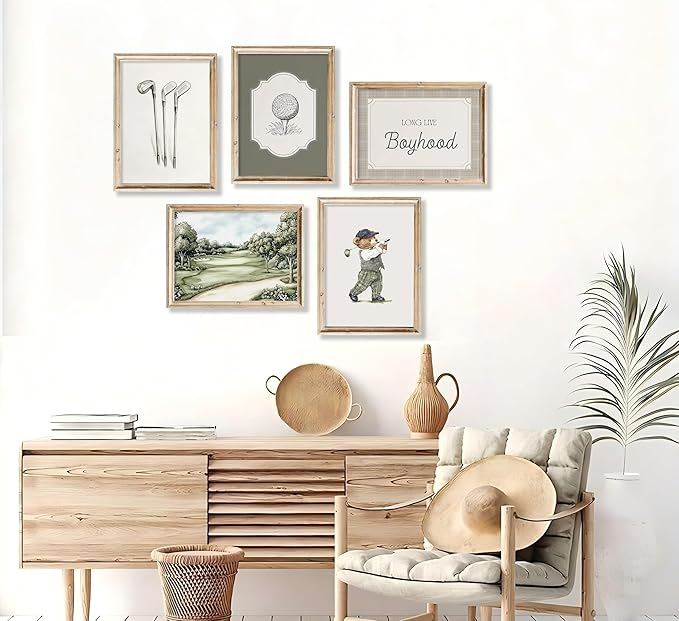Vintage Golf Nursery Wall Art Retro Sport Kids Room Canvas Wall Decor Teddy Bear Pictures Sage Green Antique Posters Baby Animal Painting Print Artwork for Baby Boy Girl Room Playroom, Unframed