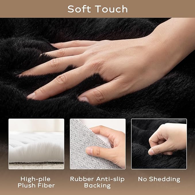 Ashler Faux Rabbit Fur Rug - Black 4'x6' Fluffy Soft Area Rug, Machine Washable 3D Bubble Rectangular Carpet for Living Room, Bedroom & Nursery