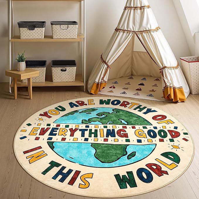 JINCHAN 4ft Round Rug Washable Fun Rug You Are Worthy Playroom Mat Non Slip Cheerful Circle Cool Floor Cover Soft Cozy Low-pile Emotional Support Throw Carpet for Entryway Kids Gift Teens Dorm Bedroom