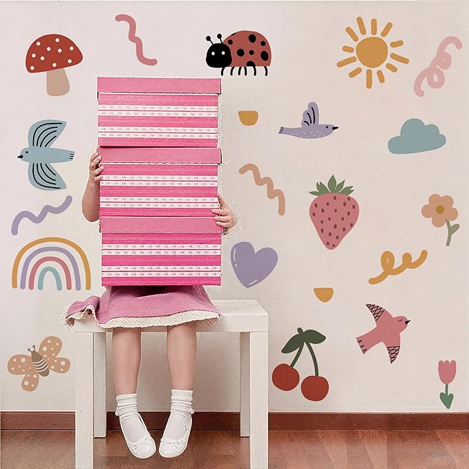 Insect Fruit Wall Decals,Watercolor Doodle Wall Stickers Decor,Peel and Stick Butterfly Mushrooms, Strawberries, Cherries Decals for Kids Bedroom Nursery Playroom Living Room and Bedroom Decoration