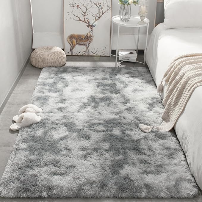 Merelax Soft Area Rugs for Livingroom Bedroom, Shaggy Plush Fuzzy Fluffy Carpet Furry Fur Rug, Modern Indoor Comfy Nursery Kids Dorm Home Decor Floor Mat, 4 x 6 ft, Tie-Dyed Light Grey