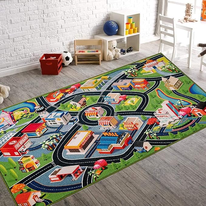 Booooom Jackson Car Rug City Life Great for Kids Toy Cars, Play Learn and Have Fun Safely - Kids Rug Baby Children Educational Road Traffic Play Mat for Bedroom Play Room Game Safe Area(39X79Inch)