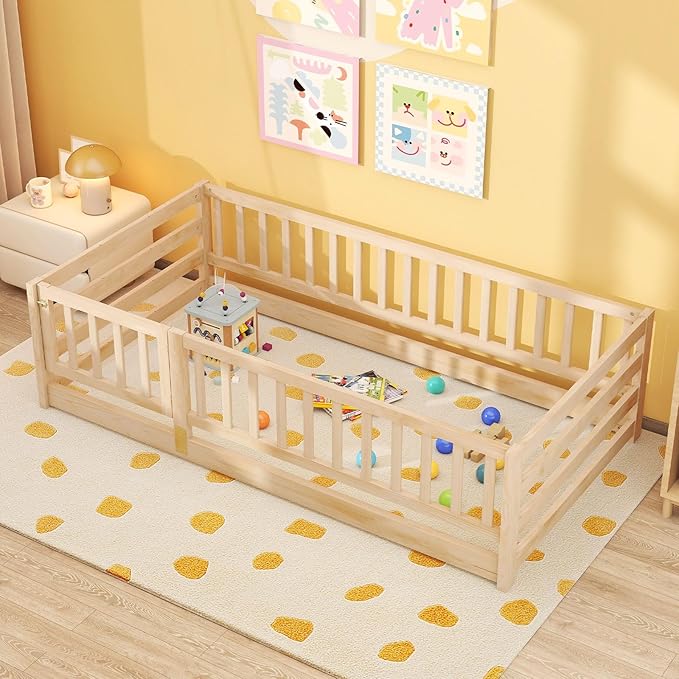 Giantex Twin Floor Bed with High Fence & Door, Montessori Floor Bed with 21.5" Safety Guardrails, Solid Wood Twin Beds Frame for Kids Girls, Boys, Without Slats, Natural