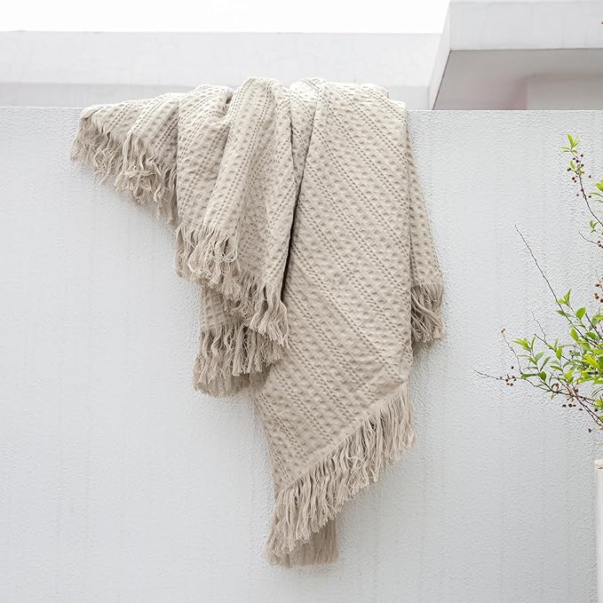 100% Cotton Waffle Blanket with Fringe, Pre-Washed Waffle Weave Blanket for All Season, Lightweight Breathable Soft Cozy Throw Blanket for Couch, Bed, Travel (Beige - 50x60 Inches)