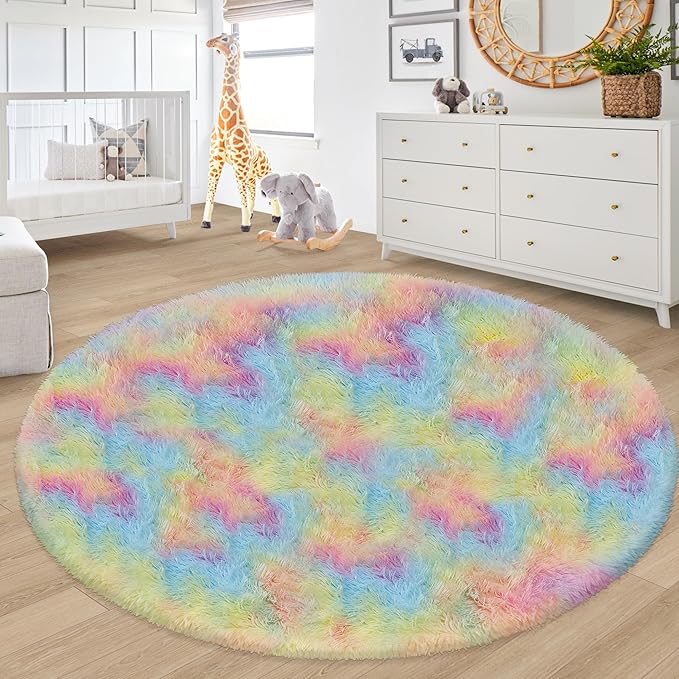 7 ft Large Fluffy Round Rainbow Area Rugs for Girls Bedroom, Colorful Soft Shaggy Circular Rug Plush Fluffy Circle Carpet Fuzzy for Nursery Baby Toddler Room Playroom Dorm Iving Room Home Decor