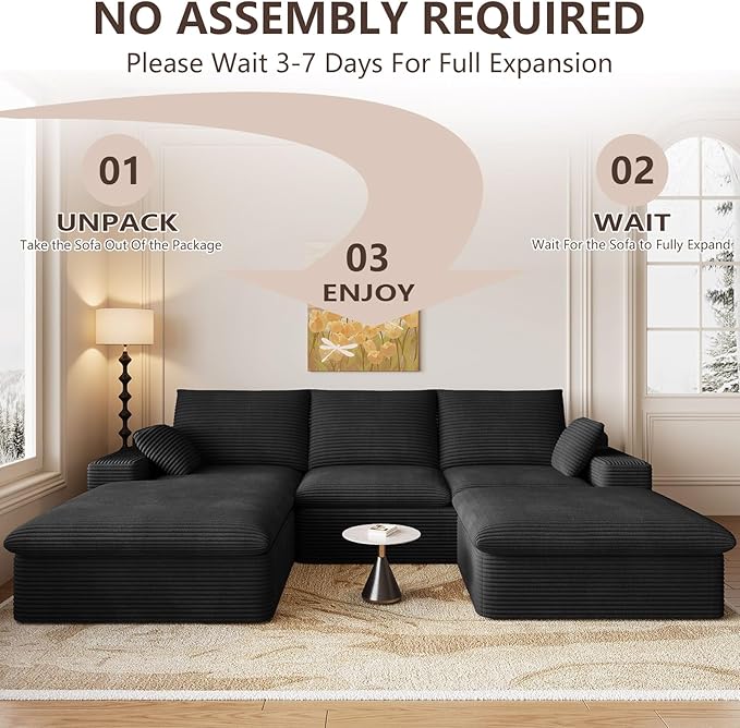 107" Cloud Modular Sectional Sofa with 1 Ottoman, Modern Upholstered Corduroy Couches, Comfort U Shaped Sofa for Living Room, Deep Seat Boneless Couch, No Assembly Required(Black,Left Facing Chaise)