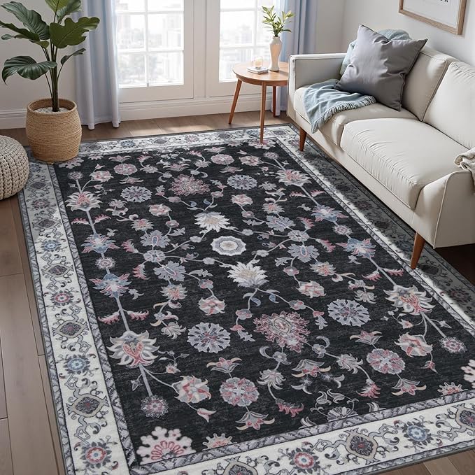 Tangsoo Floral Area Rug 4x6 Machine Washable Rug Non-Slip Vintage Distressed Boho Print, Low Pile Carpet for Living Room, Bedroom, Dining Room, Pet & Child Friendly (Room Decor)