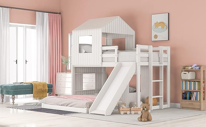 MERITLINE House Bed Bunk Beds with Slide Twin Over Full Size Bunk Bed Frame with Slide,Wooden Playhouse - Design Slide Bunk Beds Twin Over Full Bunk for Boys and Girls