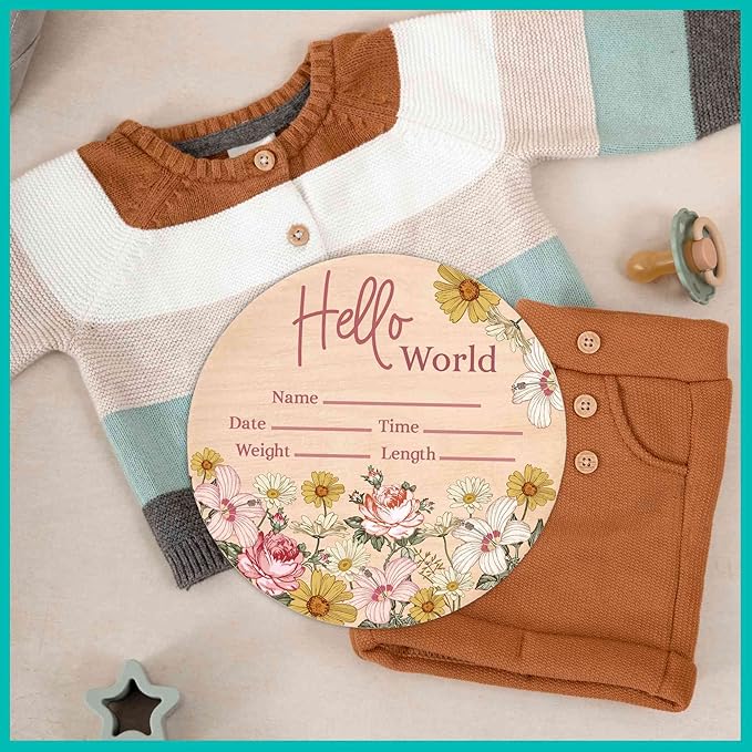 Hello World Newborn Sign - Baby Name Birth Announcement Plaque for Hospital - Daisy Pink Floral - Photo Prop - Nursery Decor - Shower Gift