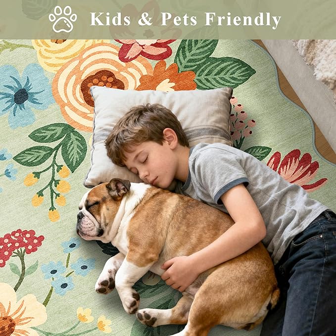 DUKINO 4x6 Area Rug, Floral Non-Slip Indoor Washable Rug with Low Pile & Non-Shedding, Lightwight Boho Design Carpet for Entryway, Bedroom, Kids Room, Living Room, Kitchen, Green