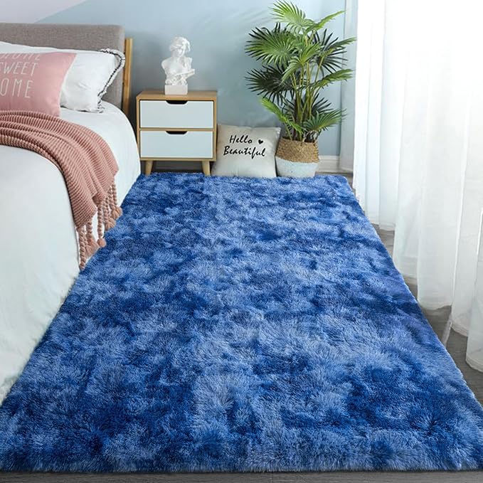 DweIke Fluffy Navy Blue Shag Rugs for Bedroom Living Room, 3x5 Feet Soft Plush Tie-Dyed Dark Blue Girls Boys Kids Rug, Non-Slip and Machine Washable Carpet for Dorm Nursery Classroom Decor