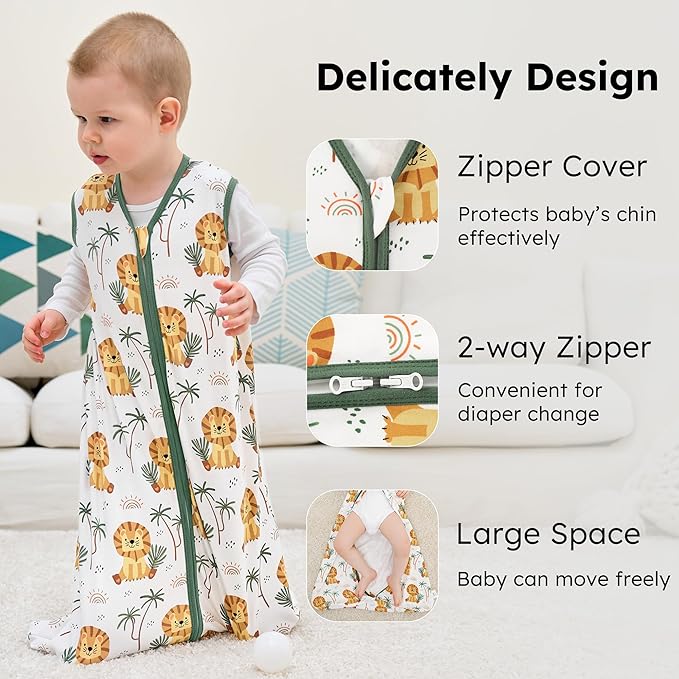 Baby Sleep Sack 0-6 months, 100% Cotton Sleeping Sack for Newborn and Infant, 3 Pack Baby Wearable Blanket, 0.5 Tog Lightweight Double Zipper Sleep Bag Small Brown Green Lion