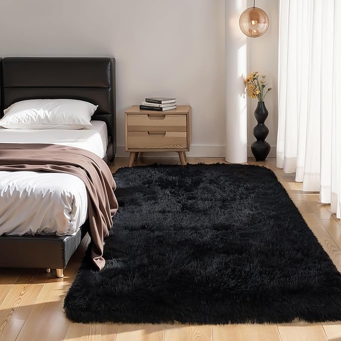Thick Area Rug Black Fluffy Shag 5x7 for Bedroom, Ultra Soft Plush Fuzzy Washable Thickened Non-Slip Floor Carpet, Modern Cozy Furry Rug for Living Room Kids Baby Boys Girls Nursery Dorm