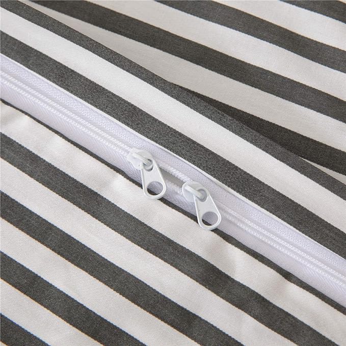 JELLYMONI 100% Natural Cotton 3pcs Striped Duvet Cover Sets,White Duvet Cover with Dark Grey Stripes Pattern Printed Comforter Cover,with Zipper Closure & Corner Ties(Queen Size)