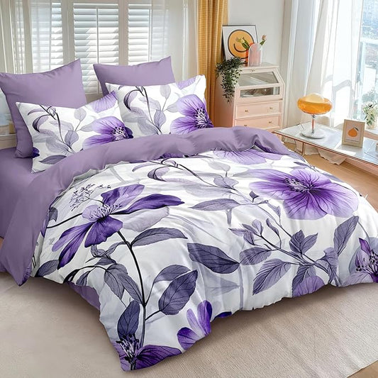 Nayoroom Purple Floral Comforter Set Queen Size Lavender Blooming Flower Leaf Printed Spring Comforter 3 Pcs Soft Lightweight Cottagecore Bedding Set for All Seasons (1 Comforter, 2 Pillowcases)