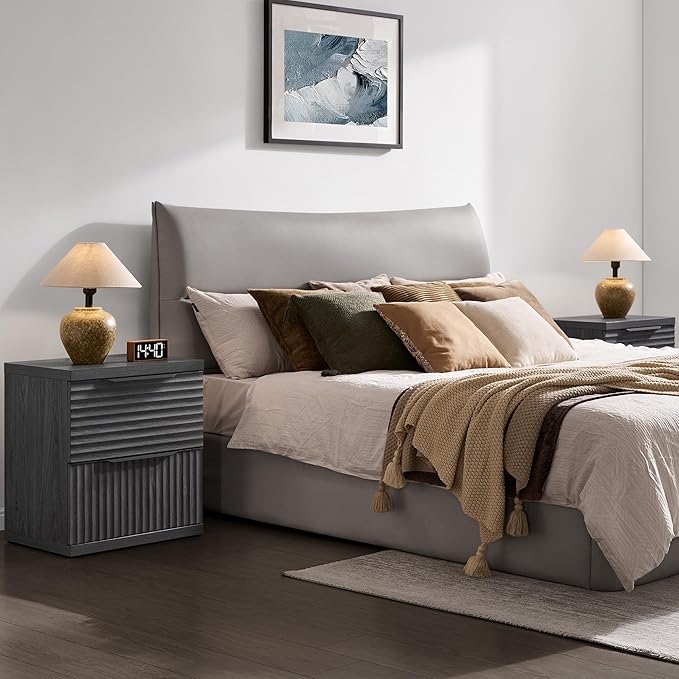 SICOTAS Large Night Stand - 22 Inch Wide Nightstand with 2 Storage Drawers, Modern Fluted Bedside Tables for Bedroom, Tall Nightstands Mid Century Bed Side End Table, Dark Grey Alder