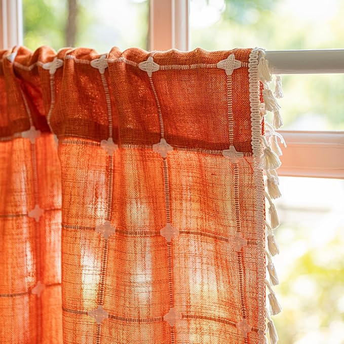 Deeprove Burnt Orange Boho Curtain Valance 18 Inches Length Teal Bohemian Lattice Gingham Textured Embroidery Plaids, Vintage Chic Tassels Casual Fall Decor Drapes Rod Pocket, 1 Panel W52 x L18