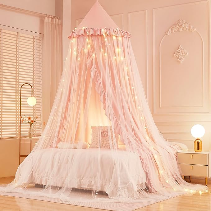 Mengersi Bed Canopy for Girls,Princess Round Dome Canopy Bed Curtains-Dreamy Mosquito Net Castle Play Tent Castle for Girls Room Decor (Beige Pink/Double)