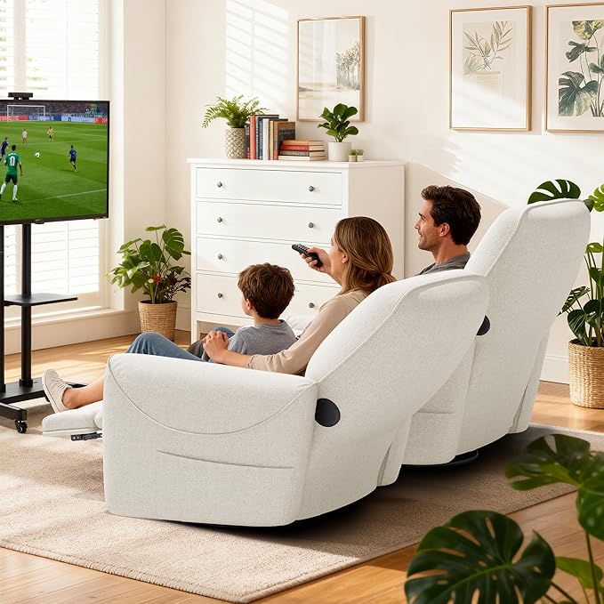 KINGYES Nursery Rocking Chair, Glider Rocking Chair for Nursery, 270° Swivel Glider, Bluetooth Speaker & USB-C Port, Fabric Nursery Recliner Sofa, Cream