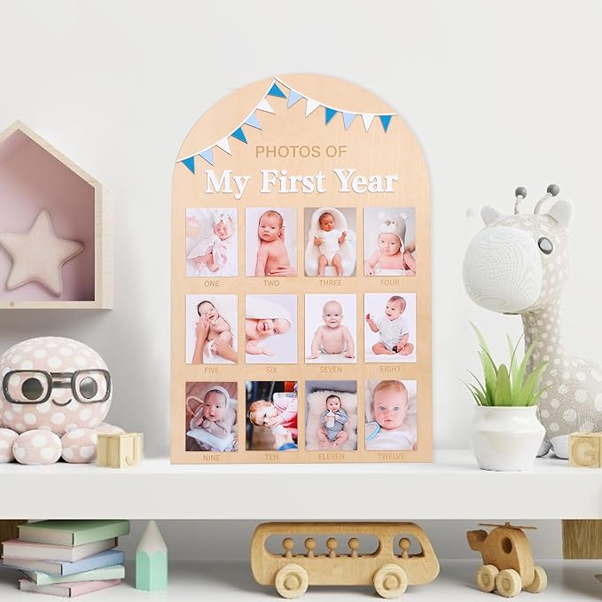 Photos of My First Year Wood Board - Newborn 1 to 12 Months Photo Display,1st Birthday Growth Photos Record Sign,Monthly Milestone Photo Board,Rustic Keepsake Nursery Decorations