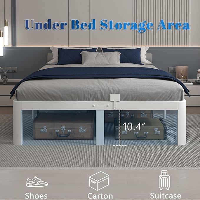 12 Inch White Full Size Bed Frame with Baffles, Metal Full Bed Frame No Box Spring Need, Heavy Duty Steel Platform Support, Reserved Holes, Round Corner Legs, Storage Space, Noiseless