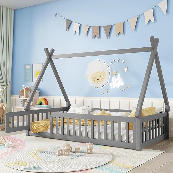 Twin House Bed Frame with Fence Rails and Door,Wood Montessori Floor Bed with Slats Support,Teepee Tent Beds Kids Bed Frames for Girls Boys, Grey