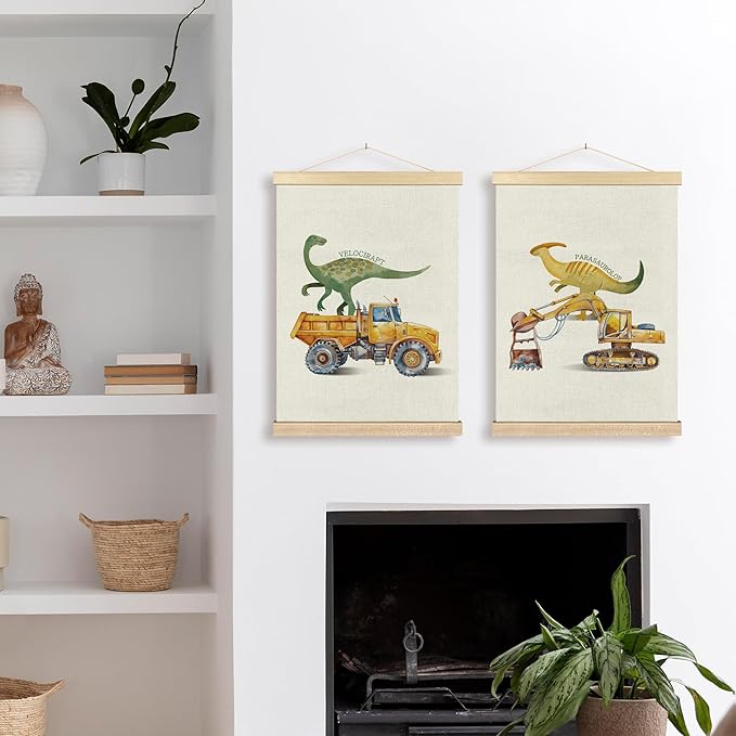 BCUANGD Dinosaur and Construction Truck Wall Decor - Dinosaur Dino Poster Hanger with Wood Frames Set of 2, Baby Car Vehicles Wall Hanging Canvas Decor for Kids Room Nursery Playroom, 12x16 Inches