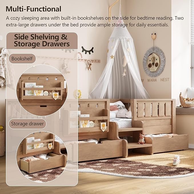 Bellemave Twin Bed with Slats and Stairs, Twin Size Platform Bed Frame with Fence, Bookshelf and Storage Drawers, Easy Assemble Beds for Kids, Girls, Boys, Natural