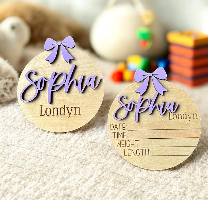 Personalized Bow 3D Baby Girl Name Announcement Sign – Custom Newborn Birth Stats – Hospital Photo Prop – Multiple Sizes & Fonts – 30 Color Options (Name Sign + Stat Sign Bundle)