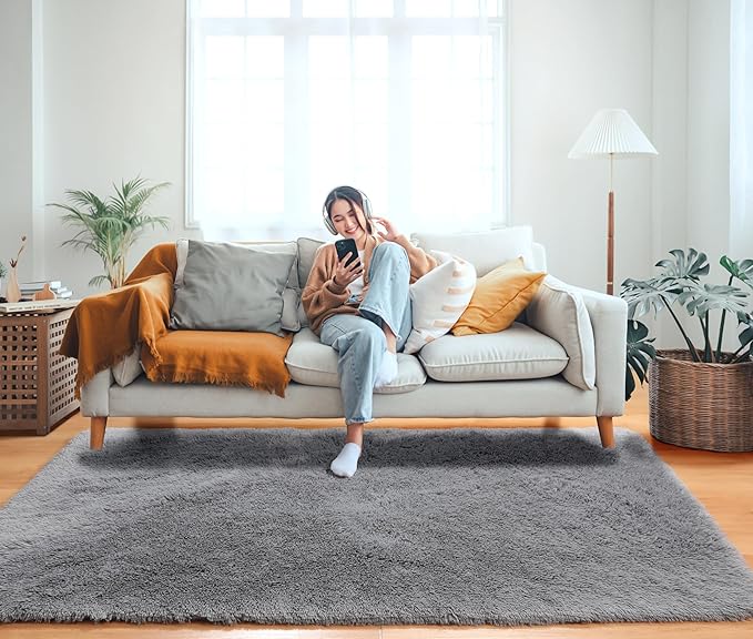 ONASAR Grey Area Rugs for Bedroom Living Room, Fluffy Fuzzy Shag Shaggy 4x6 Bedside Rug, Gray Washable Soft Plush Indoor Floor Carpet for Nursery Kids Girls Boys Teen Dorm Home Office Decor Aesthetic