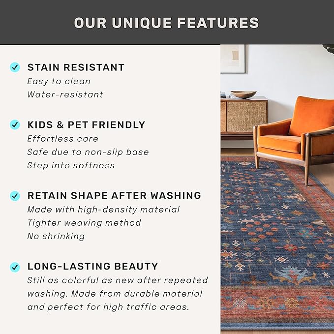 Dark Blue & Terracotta 5x8 Living Room Rug - Machine Washable Area Rugs for Bedroom, Dining Room, Kitchen Floor, Small Office, Low Pile Non-Slip Rubber Backing & Stain Resistance