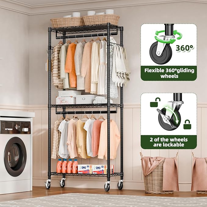 Portable Closet, Heavy Duty Clothes Rack on Wheels, Wardrobe Closet for Hanging Clothes, 77 Inch Tall Clothing Rack with Adjustable Mesh Shelves and Hanging Rails, Black