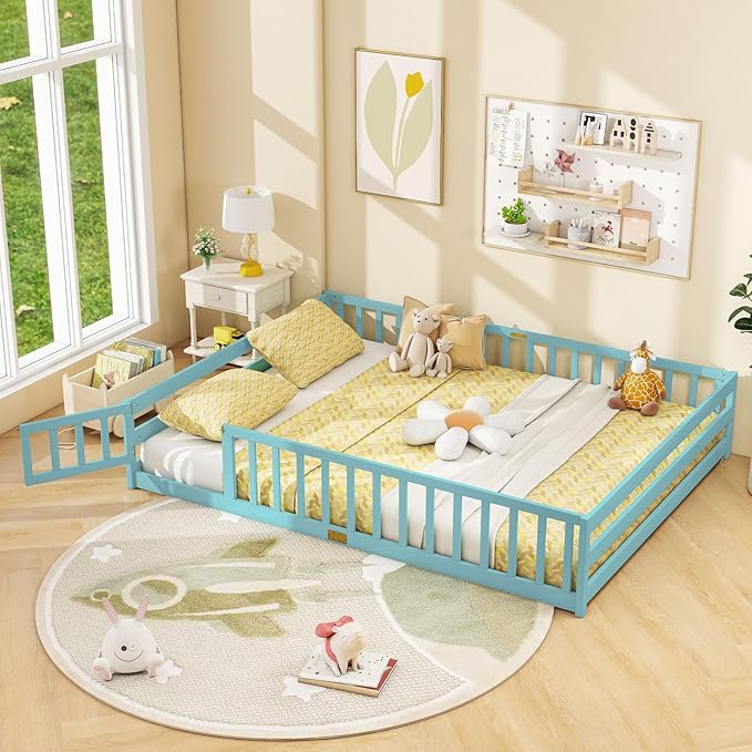 Giantex Queen Floor Bed with Door & Fence, Kids Wood Montessori Beds with Safety Guardrails, Floor Bed Twin for Kids, Boys, Girls, No Box Spring Needed, ICY Aqua