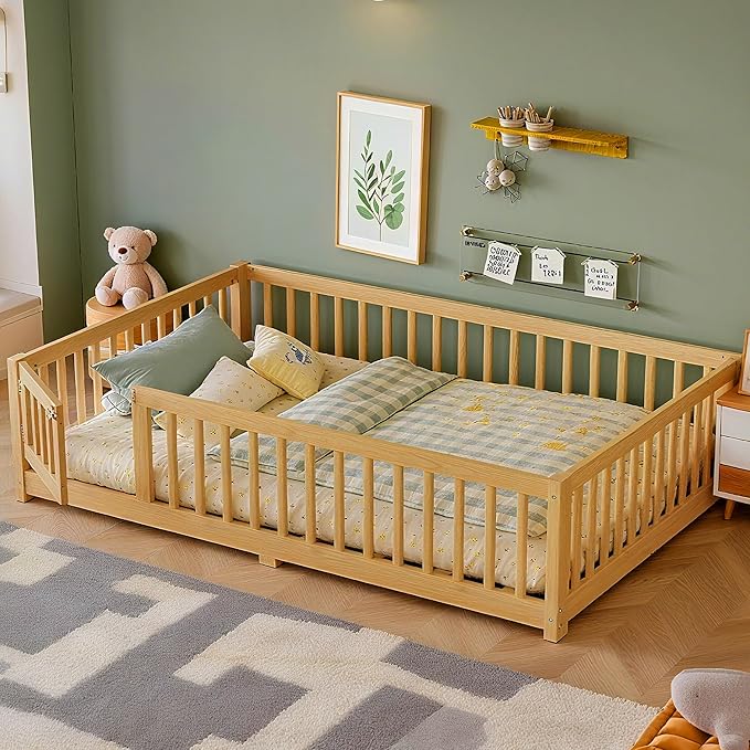 Bellemave Full Size Montessori Floor Bed Frame with Rails & Door, Solid Wood Kids Floor Bed Full with Removable Slats, Low Profile Montessori Bed for Children’s Sleep & Play, Natural