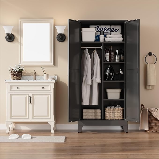 Metal armoire Wardrobe Closet with Hanging Rod,71'' Metal Wardrobe Cabinet with 2 Doors and 4 Adjustable Shelves, Bedroom armoires,Laundry Room cabinets,armario de ropa Closet