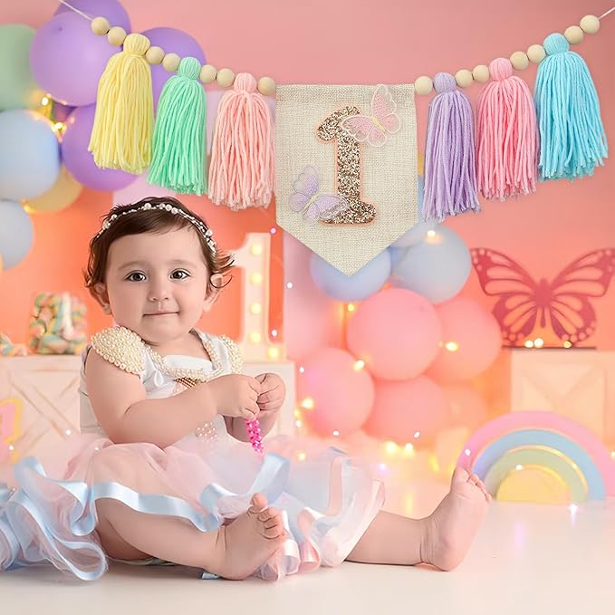 Handmade Macaron 1st Birthday High Chair Banner with Butterflies First Highchair Banner For Baby Girls 1 Birthday Party Decorations Wood Bead Tassel Garland Princess Boho Butterfly Colorful Photo Props