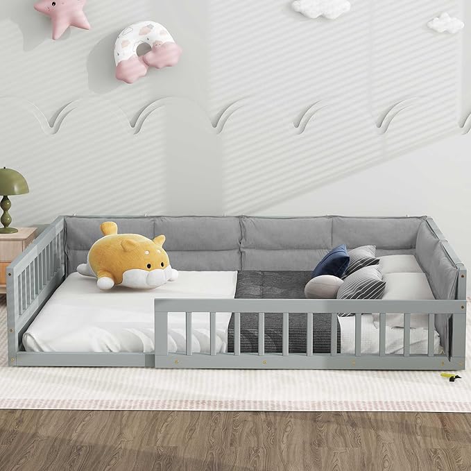 Full Size Upholstered Floor Bed with Guardrail, Montessori Platform Bed Frame for Kids and Toddlers, Wood Slat Support, No Box Spring Needed (Grey+ Solid Wood + MDF + Al)