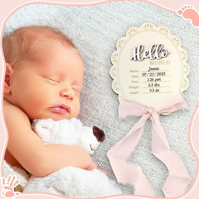 Baby Announcement Sign 7 Inch Double Sided Wooden Hello World Newborn Engraved Sign with Organza Bag Marker Pen Ink Pad Ribbon Bow for Baby Shower Hand Footprints Photo Prop (Pink Bow)
