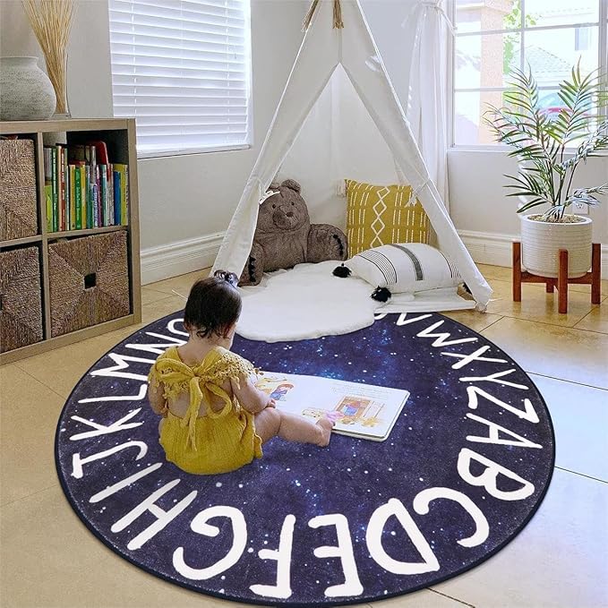 LIVEBOX Space Play Room Round Kids Rug for Boy and Girl, Circle Alphabet Washable Rug Crawling Nursery Rug for Playroom, Galaxy Non-Slip Play Mat Learning Carpet for Children Room (59",Star Blue)