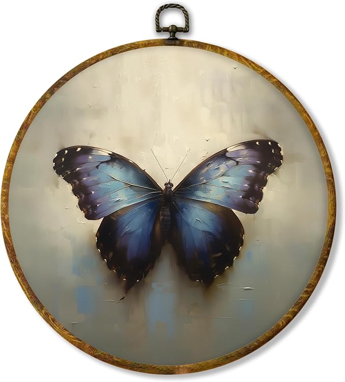 Hiuwevt Vintage Moody Purple Butterfly Round Wall Art Decor, Retro Rustic Butterfly Framed Canvas Prints, Cottagecore Insect Round Wall Hanging Decor for Home Bedroom Decorations, 10x10 Inches