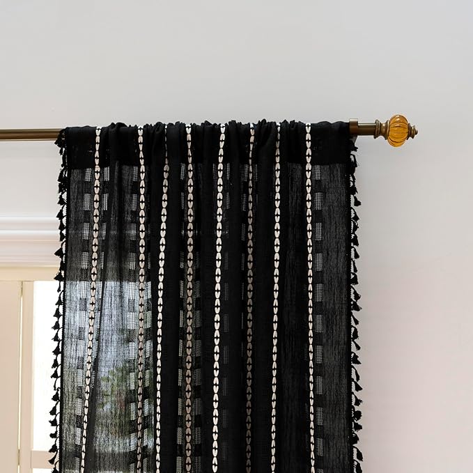 Deeprove Black Boho Curtain 84 inches Length for Living Room Bedroom Nursery, Bohemian 84 inches Long, Mid Century Western Embroidery Textured Halloween Privacy Window Trim Decor W52 x L84, 1 Panel
