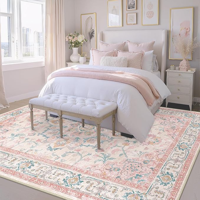 Machine Washable Rugs Nursery Rug 9x12 Cute Girl Non Slip Low Pile Water Repellent Soft Print Pattern for Bedroom Indoor Decor Kids Playroom Pinkteal